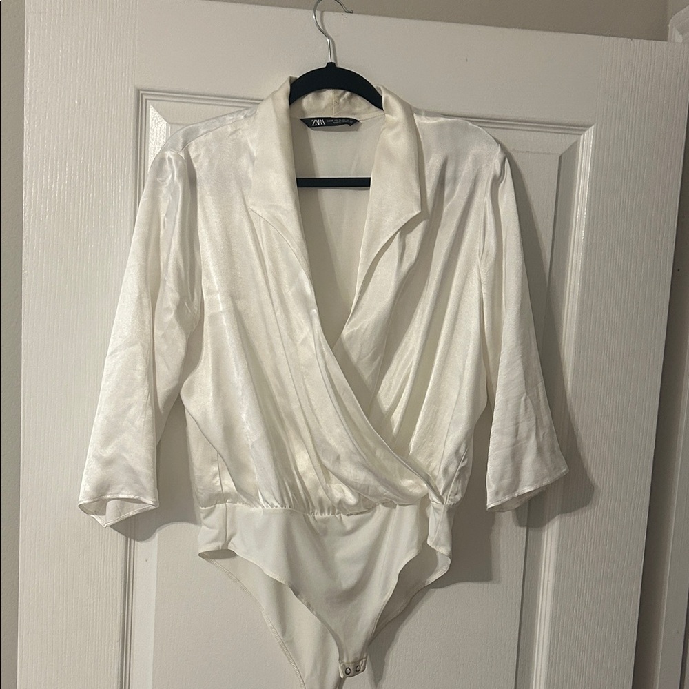 Zara Ivory/off white  Satin Wrap-Front Bodysuit